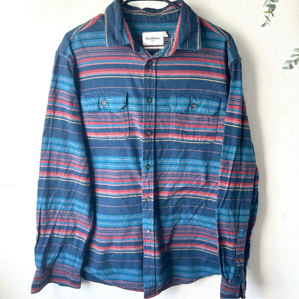 Goodfellow Mens Midweight Flannel Shirt Blue Rust Gold Stripe Button Pockets Lg